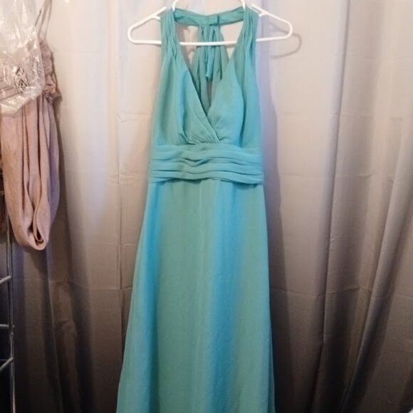 WTOO Formal Dress sz 8 Chiffon Long Halter Minty Turquoise Sexy Spring Wedding - Picture 11 of 11